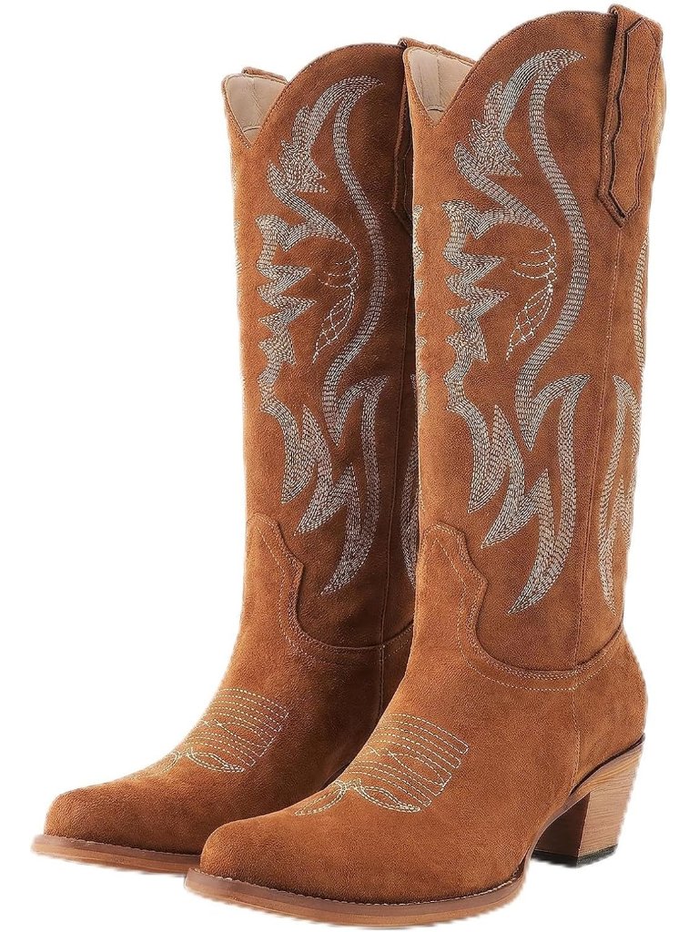 Women's Brown Mid Calf Cowboy Boots Western Pointed Toe Embroidered Chunky Heel